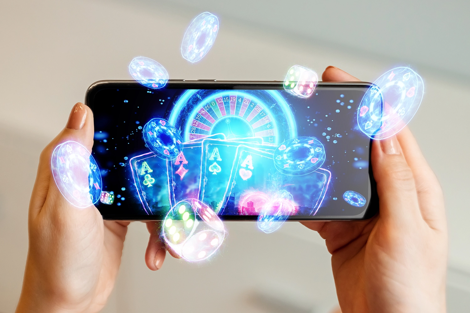 Hand rolling dice on a digital casino interface symbolizing risk, innovation, and online game development in the gambling industry.