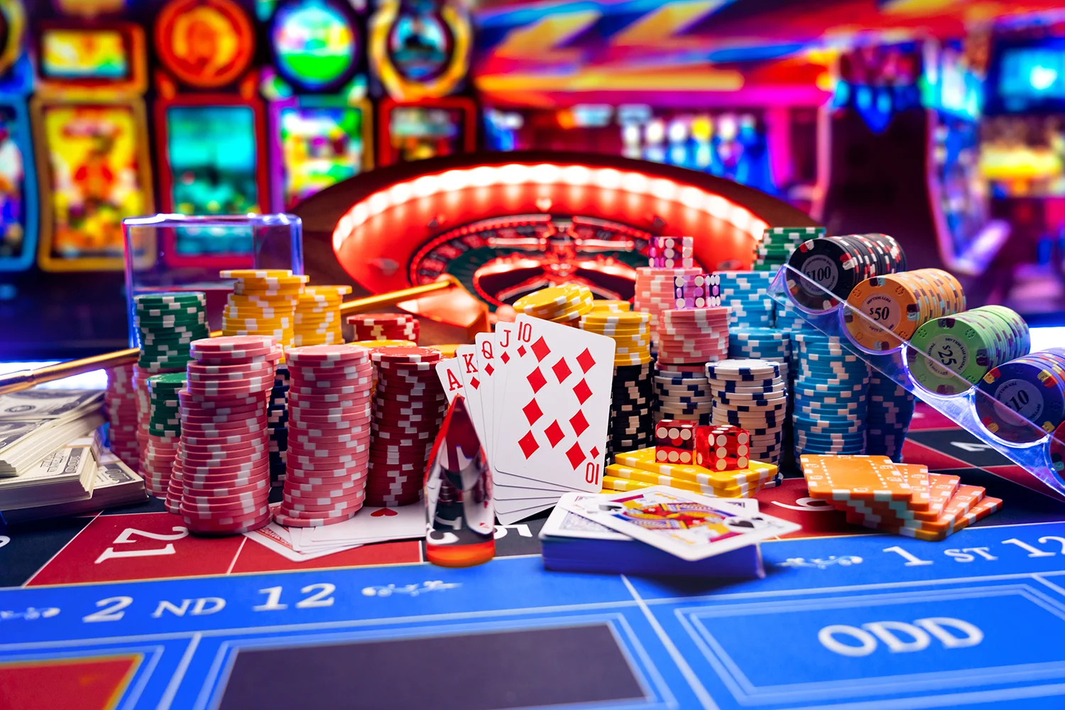 Casino set with roulette, cards, dice, and chips representing land-based gaming in the Americas.