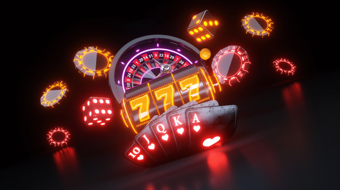 Online casino gaming concept with neon lights symbolizing digital transformation and GenAI in casino game development