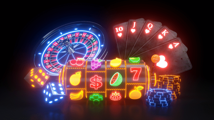 Slot machine with fruit icons showcasing engaging casino game content and vibrant online gaming visuals.