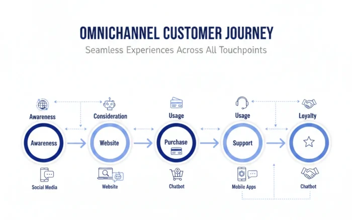 Omnichannel customer journey map showing awareness, consideration, purchase, usage, support, and loyalty stages across mobile, web, chatbot, and social touchpoints