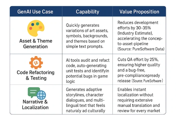 Table showing GenAI use cases with capabilities and benefits: Asset & Theme Generation for quick art creation, Code Refactoring & Testing for automated QA, and Narrative & Localization for instant multilingual adaptation.