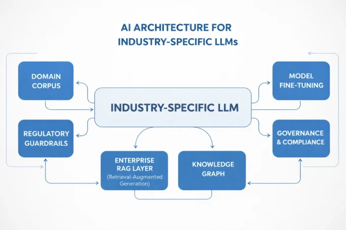 Architecture diagram showing how Industry-Specific LLMs combine domain corpora, regulatory guardrails, RAG layers, knowledge graphs, and enterprise fine-tuning to deliver compliant, domain-aware AI models