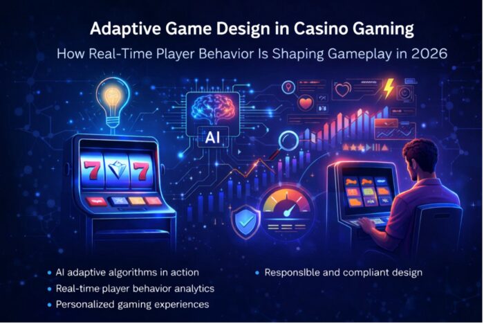 Illustration of Adaptive Game Design in Casino Gaming showing AI analytics, real-time player behavior insights, and dynamic gameplay elements shaping engagement in 2026.